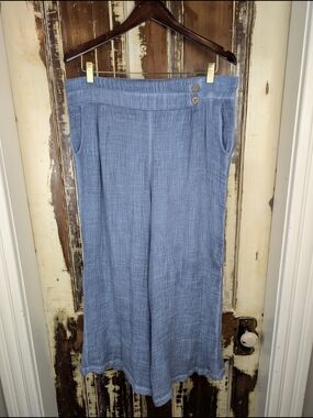 Papa Vancouver Blue Linen Blend Wide Leg Pants XXL Lagenlook Coastal Casual